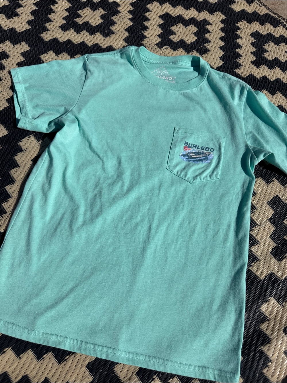 BURLEBO teal / blue / Green Pocket Tee with Boat Graphic. Mens S.